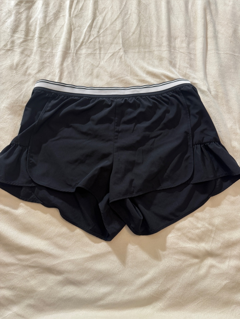 Black Athletic Shorts with Striped Waistband & Ruffle